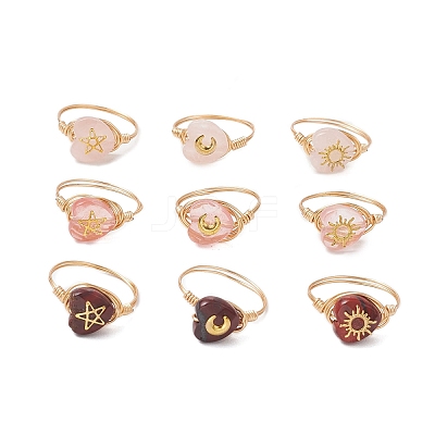 Brass & Cherry Quartz Rose Quartz Natural Red Rainbow Jasper Finger Rings for Women RJEW-JR00872-1