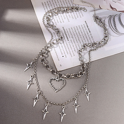 Alloy Hollow Heart and Star Pendant Double Layer Necklaces for Women WG6A60D-01-1