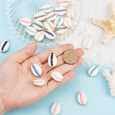 24Pcs 4 Colors Natural Cowrie Shell & Glass Seed Beads Copper Wire Wrapped Pendants FIND-SC0019-11-1