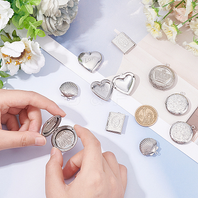 10Pcs 5 Style 304 Stainless Steel Diffuser Locket Pendants STAS-DC0007-57-1