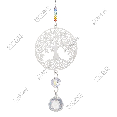 2Pcs 201 Stainless Steel Tree of Life Shape & Rainbow Crystal Glass Hanging Suncatcher HJEW-TA00446-1