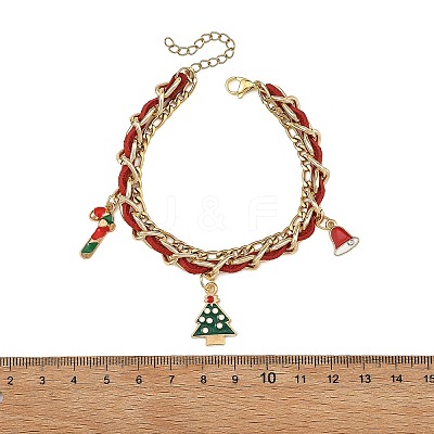 Alloy Enamel Christmas Tree Hat Candy Cane Charm Faux Suede Cord 304 Stainless Steel Woven Chain 2-Strand Bracelets BJEW-TA00763-1