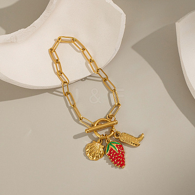 Ocean 304 Stainless Steel Enamel Strawberry Shell Shape Charm Paperclip Chain Bracelets with OT Clasps VA6795-1