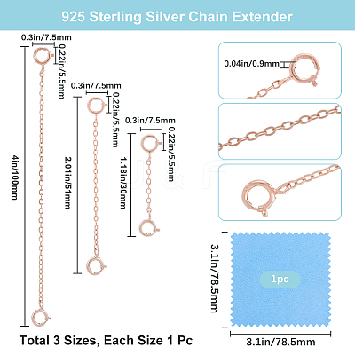 3Pcs 3 Styles Sterling Silver Cable Chain Extender STER-BBC0006-75-1