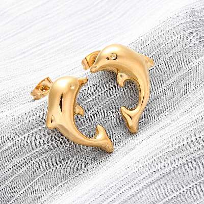 304 Stainless Steel Dolphin Stud Earrings EJEW-R028-01G-1
