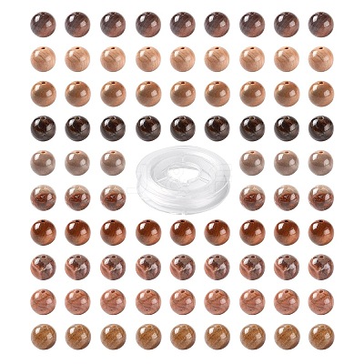 100Pcs 8mm Natural Petrified Wood Round Beads DIY-LS0002-04-1