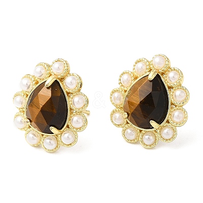 Ion Plating(IP) Natural Tiger Eye Teardrop Stud Earrings with Plastic Pearl Beaded EJEW-E599-05G-01-1