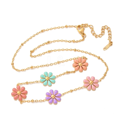 304 Stainless Seel Enamel Daisy Flower Link Chain Necklaces for Women NJEW-D303-01G-1