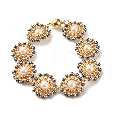 Shell Pearl Flower Link Bracelet BJEW-JB08084-04-1