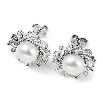 Anti-Tarnish Rhodium Plated 925 Sterling Silver Micro Pave Cubic Zirconia Sun Stud Earrings for Women EJEW-F318-03P-1
