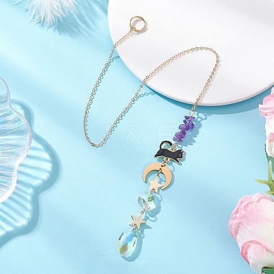 Teardrop Glass & Natural Amethyst Beads Hanging Suncatchers HJEW-JM04611-1