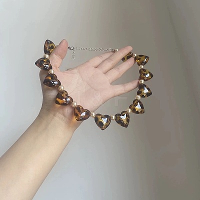 Leopard Print Acrylic Heart and Round Imitation Pearl Beaded Necklaces FS-WG140B1-01-1