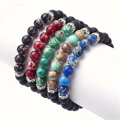 Natural Imperial Jasper(Dyed) & Lava Rock Stretch Bracelets BJEW-JB02755-1
