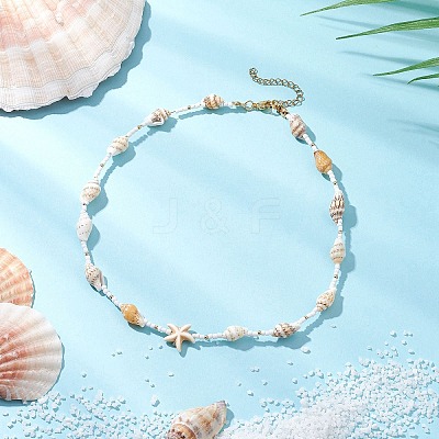 Synthetic Turquoise Starfish & Natural See Shell & Glass Seed Beaded Summer Beach Necklaces NJEW-TA00191-1