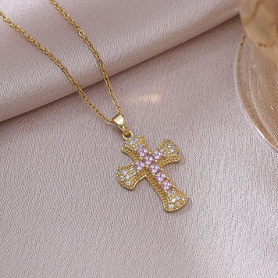 304 Stainless Steel Micro Pave Cubic Zirconia Religion Cross Pendant 304 Stainless Steel Cable Chain Necklaces WG8E2CC-02-1