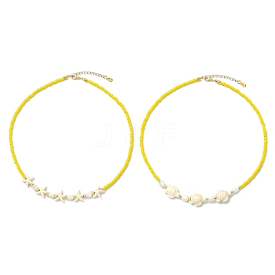 2Pcs 2 Styles Ocean Turtle Starfish Synthetic Turquoise & Natural Pearl & Glass Seed Beaded Necklaces NJEW-JN06130-02-1