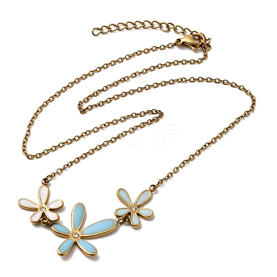 304 Stainless Steel Sky Blue Enamel with Crystal Rhinestone Triple Flower Pendant Necklaces for Women LS-NJEW-G181-01G-1