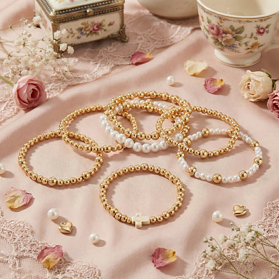 Imitation Pearl & Acrylic Round Beaded Stretch Bracelet Sets KE7812-1