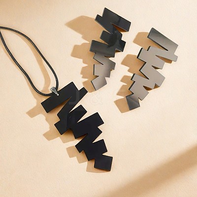 Irregular Geometry Acrylic with Imitation Leather Cord Pendant Necklace & Stud Earring Sets FS-WGB043E-01-1
