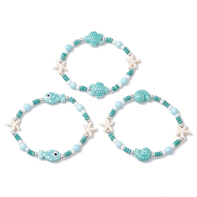 3Pcs Synthetic Turquoise & Porcelain & Dyed Natural Howlite Beads Stretch Bracelets for Women X-BJEW-JB11793-1