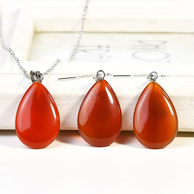 Teardrop Natural Carnelian Pendant Necklaces & Dangle Earrings Sets FS-WGAC060-05-1