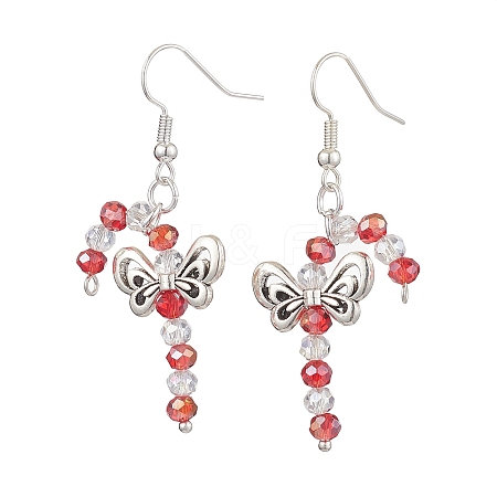 Christmas Bowknot Candy Cane Electroplated Glass Bead & Alloy Dangle Earrings EJEW-TA00502-1