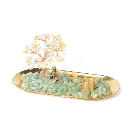 Natural Yellow Quartz Money Tree Buddha Sculpture Set Incense Burner & Natural Green Aventurine on Trays for Wealth DJEW-G027-19RG-07-1