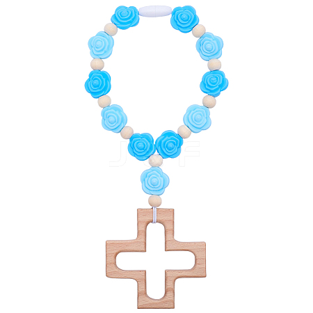 Wood & Silicone Rose Beads Hanging Ornametns HJEW-BM00072-1