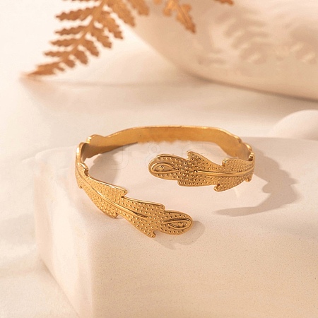 Leaf 304 Stainless Steel Cuff Bangles for Women BJEW-U032-09G-1