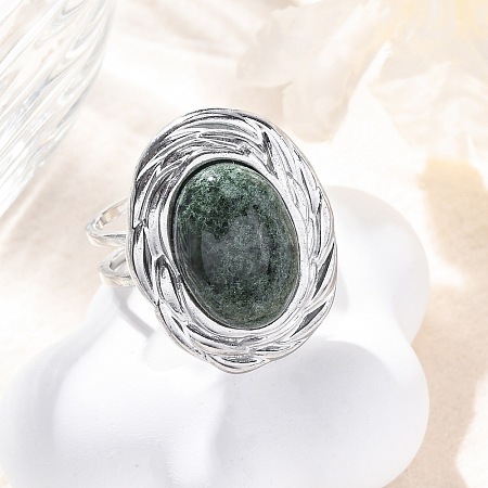 Oval Natural Moss Agate Finger Rings RJEW-M063-01P-08-1