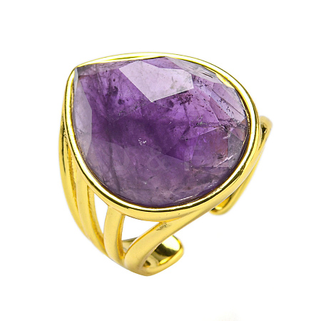 Teardrop Natural Amethyst Open Cuff Rings RJEW-C087-01G-03-1