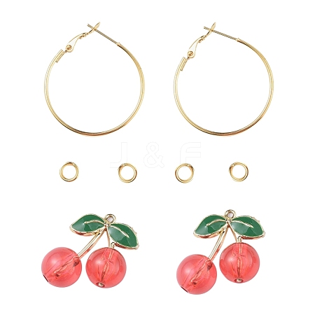  Jewelry Beads Findings DIY Earring Making, with Glass Cherry Pendants, Golden Plated Alloy Findings, Brass Hoop Earrings and Jump Rings, Red, Hoop Earring Findings: 30x1.2mm, Pendant: 26.5x23x12mm