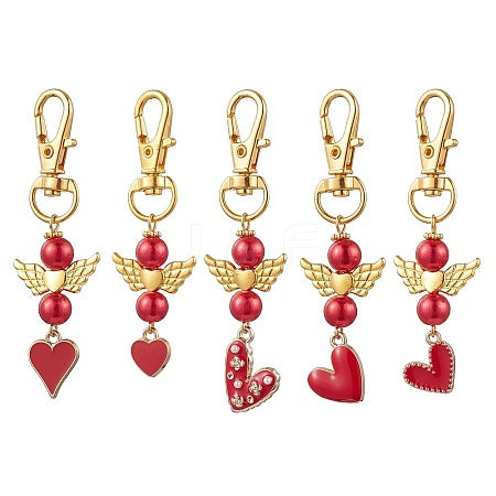 5Pcs Valentine's Day Alloy Enamel with Acrylic Pearl Pendant Decorations HJEW-JM02757-1