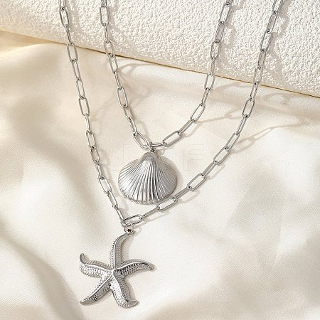 Bohemian Styles 304 Stainless Steel Starfish and Shell Shape Pendant Double Layer Necklaces for Women NJEW-F343-01P-1