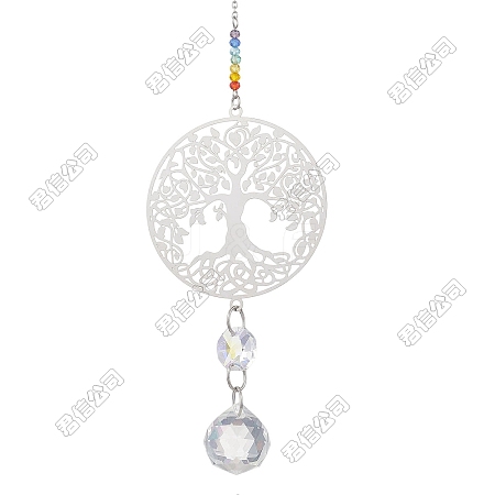 2Pcs 201 Stainless Steel Tree of Life Shape & Rainbow Crystal Glass Hanging Suncatcher HJEW-TA00446-1