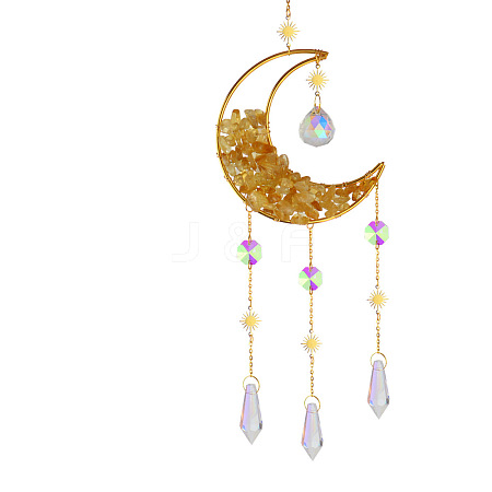 Natural Citrine Chip Moon Hanging Suncatcher Pendant Decoration DJEW-PW0008-08E-1