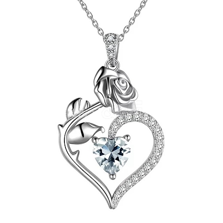 Rhodium Plated 925 Sterling Silver Pave Cubic Zirconia Rose Heart Birthstone Pendant Cable Chain Necklaces PW-WGEE50C-04-1