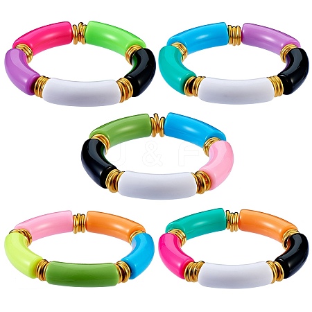 Candy Color Chunky Curved Tube Acrylic Beads Stretch Bracelets Set for Women BJEW-SW00015-1