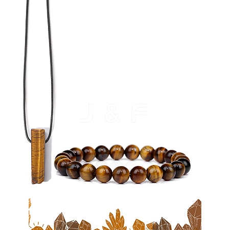 Natural Tiger Eye Beads Stretch Bracelets & Pendant Necklaces Sets for Men PW-WGF85DB-04-1