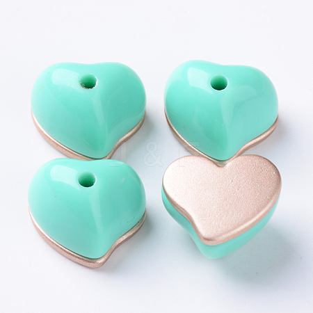  Jewelry Beads Findings Opaque Acrylic Beads, Two Tone, with Rose Gold Plated Flat Plate, Half Drilled, Heart, Aquamarine, 15x18x13.5mm, Half Hole: 2.5mm