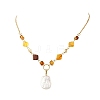 Rectangle Natural Baroque Keshi Pearl Pendant 304 Stainless Steel Natural Amber Rhombus Beaded Chain Necklaces NJEW-JN06664-3