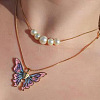 Alloy Enamel & Round Imitation Pearl Double Layered Butterfly Pendant Necklaces for Women WG304A4-01-1