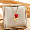 Brass Micro Pave Clear Cubic Zirconia & Plastic Red Rose Flower Pendant Necklaces for Women WGB6499-02-1