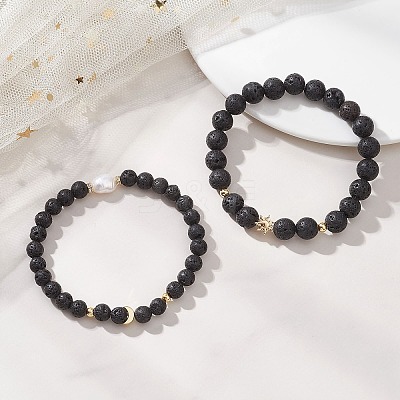 2Pcs Natural Lava Rock Round Beads Stretch Bracelets for Women Men BJEW-JB13054-1