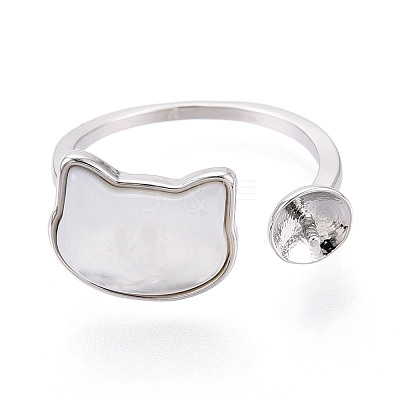 Cat Shape Brass Shell Cuff Ring Settings KK-T076-65P-1