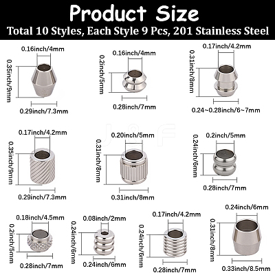 90Pcs 10 Styles 201 Stainless Steel European Beads STAS-PA0001-01-1