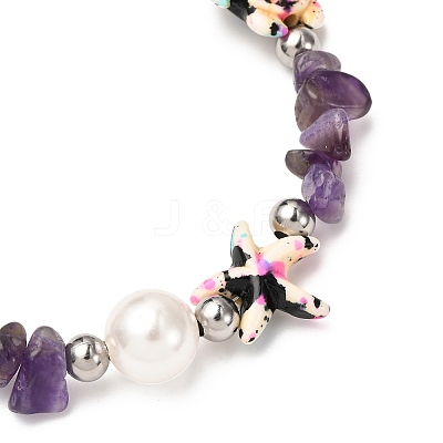 Natural Amethyst Chip Beads & Synthetic Turquoise Beaded Bracelets for Women BJEW-JB12416-01-1