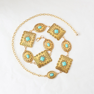 Oval Rectangle Alloy with Synthetic Turquoise Link Chain Waist Belly Chains for Dress FS-WG6F33A-01-1