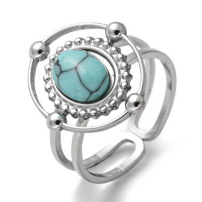 304 Stainless Steel Synthetic Turquoise Cuff Rings G-Z056-04P-05-1