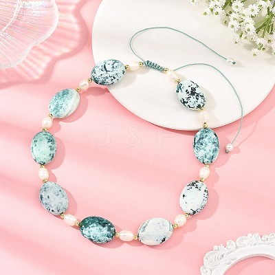 Adjustable Natural Fire Crackle Agate(Dyed & Heated) Oval and Pearl Braided Bead Necklaces NJEW-JN06570-1